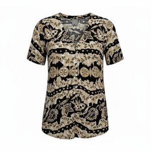 Rabbit Rabbit Rabbit Tropical Print Blouse Shell Buttons Black Tan Size 12